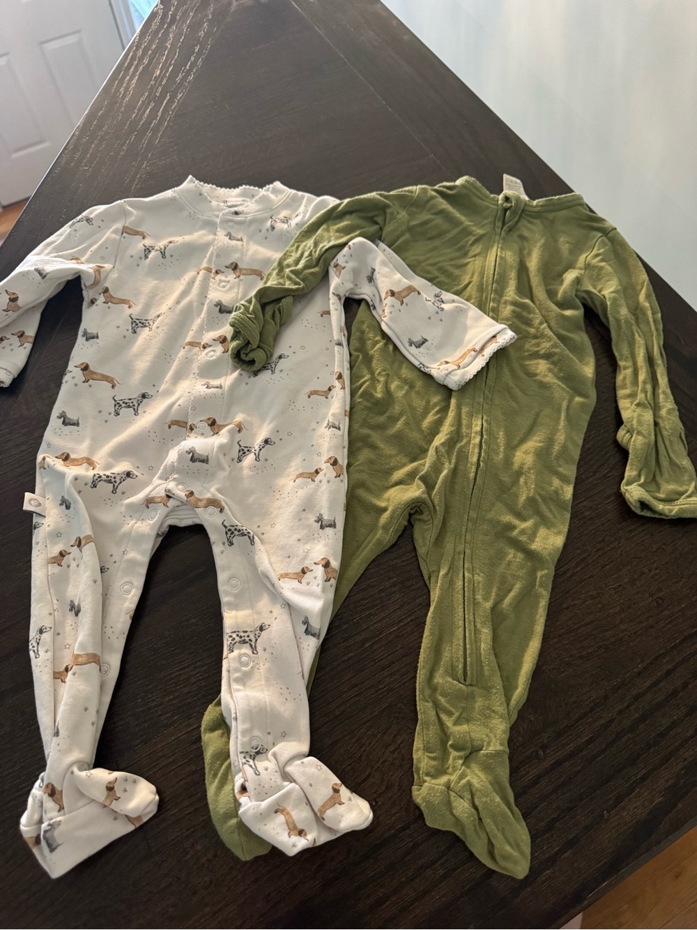 Kate quinn Olive Green and Oh my lamb White Dog Print Footed One-Pieces